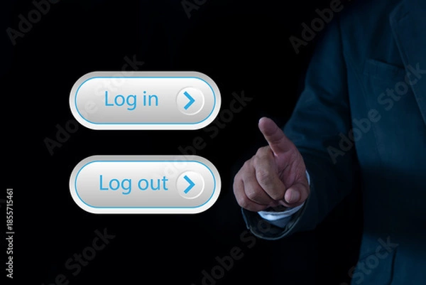 Obraz Cyber security login interface concept , Businessman touching virtual screen with login and logout button with user interface screen data protection, privacy, authentication, and online security.