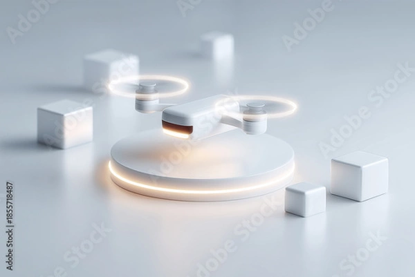 Fototapeta Technology drone hovering above circular platform with geometric elements for product showcase, futuristic minimal style