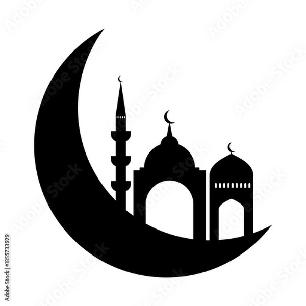 Obraz Eid mubarak mosque silhouette with crescent moon vector