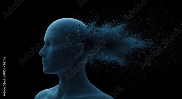 Obraz Abstract visualization of a head in blue tones dissolving into tiny particles on black background.