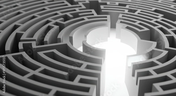 Obraz A complex, grey maze, illuminated at the exit. The maze design evokes challenges and complexity.