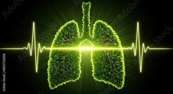 Obraz A lush green lung-shaped foliage with a vital sign line symbolizes respiratory health and wellness.