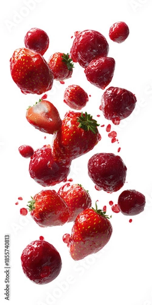 Obraz Ripe Strawberries Falling with Juice Splashes isolated on a transparent background