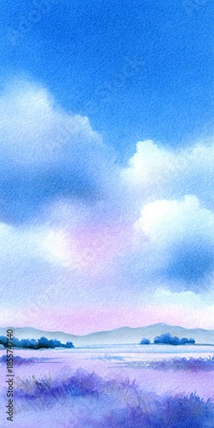 Obraz 初夏の空と紫の花畑の水彩画