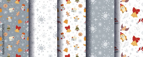 Obraz Set of 5 cute cosy seamless Christmas ornaments with festive winter elements. Perfect for holiday backgrounds, wrapping, cards, textiles, packaging, prints and seasonal designs. Vector format.