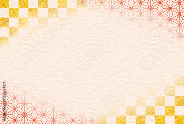 Obraz 和柄　市松模様　麻の葉　文様　和紙　年賀　正月　お歳暮　和風　枠　和　素材　高級感　豪華　和モダン　おしゃれ　キラキラ　シンプル　Japanese pattern.Celebration Frame.