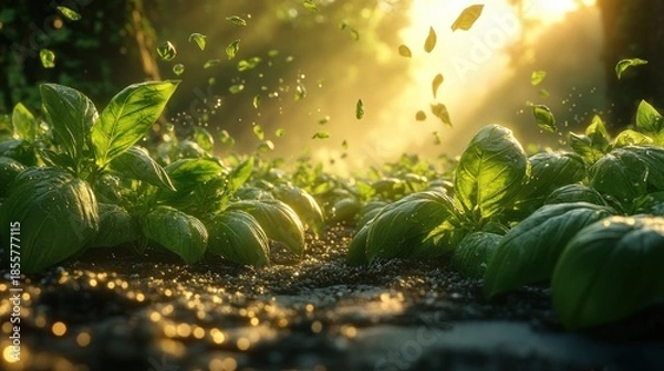 Obraz Lush basil patch bathed in sunrise glow
