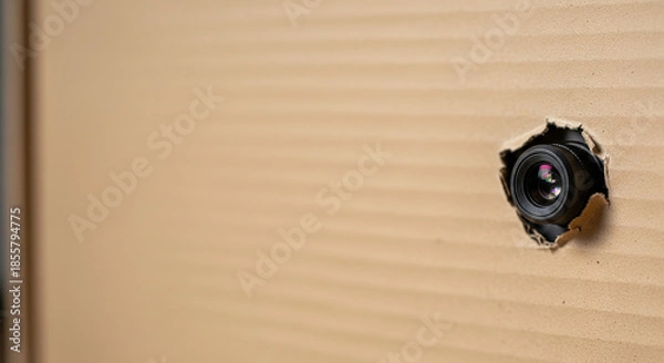 Fototapeta 段ボールの穴に隠された隠しカメラとコピースペース