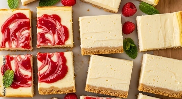 Obraz Assorted cheesecake bars with raspberry topping