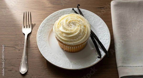 Obraz Single vanilla cupcake on a plate