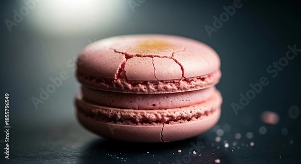 Obraz Delicate pink macaron on dark surface