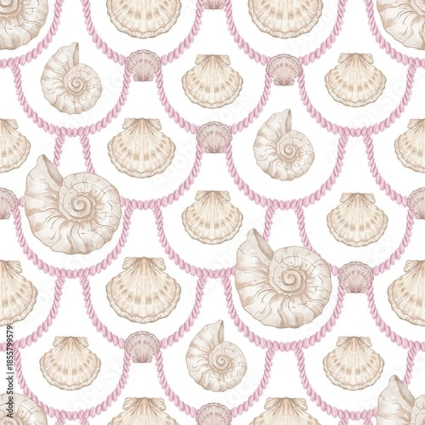 Fototapeta Seashell Seamless Pattern, Feminine Design, Elegant Scallop Shell Ocean Repeat, Nautical Digital Pattern