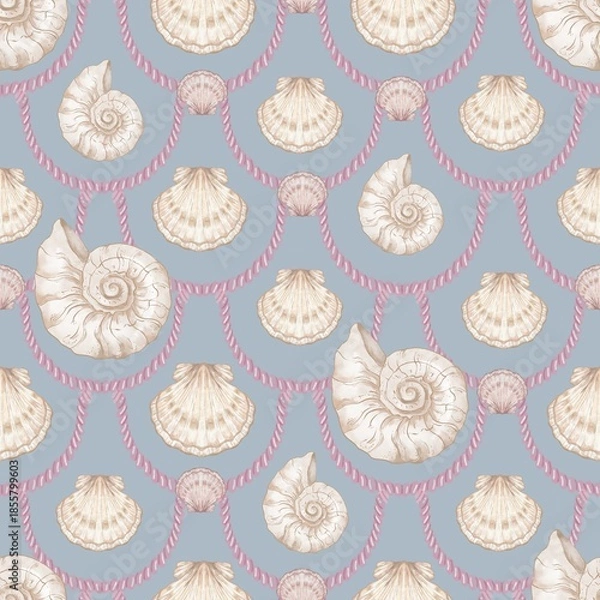 Fototapeta Seashell Seamless Pattern, Feminine Design, Elegant Scallop Shell Ocean Repeat, Nautical Digital Pattern