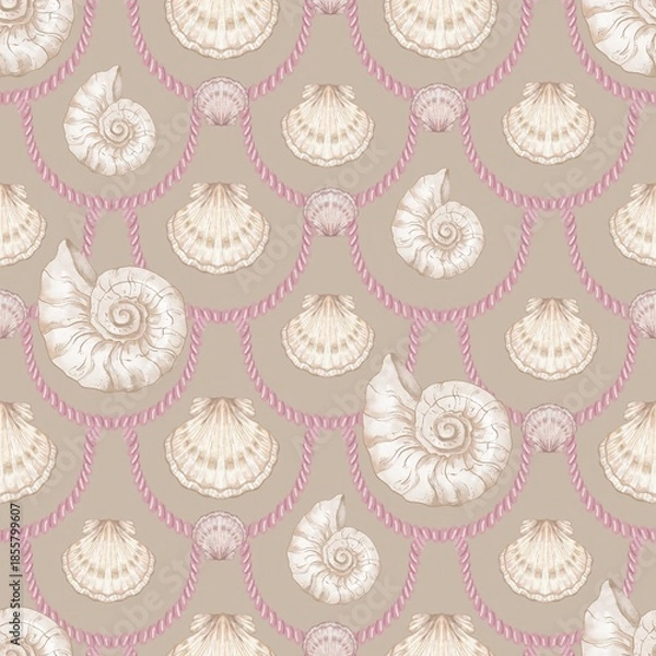 Fototapeta Seashell Seamless Pattern, Feminine Design, Elegant Scallop Shell Ocean Repeat, Nautical Digital Pattern