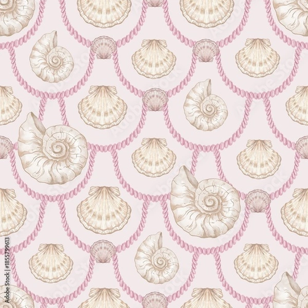 Fototapeta Seashell Seamless Pattern, Feminine Design, Elegant Scallop Shell Ocean Repeat, Nautical Digital Pattern