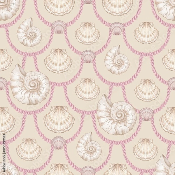 Fototapeta Seashell Seamless Pattern, Feminine Design, Elegant Scallop Shell Ocean Repeat, Nautical Digital Pattern