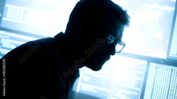Obraz Silhouetted IT Specialist Analyzing Big Data and Complex Code on Multiple Computer Screens in a Darkened High-Tech Security Operations Center