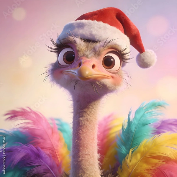 Obraz Ostrich in colorful feathers and santa hat