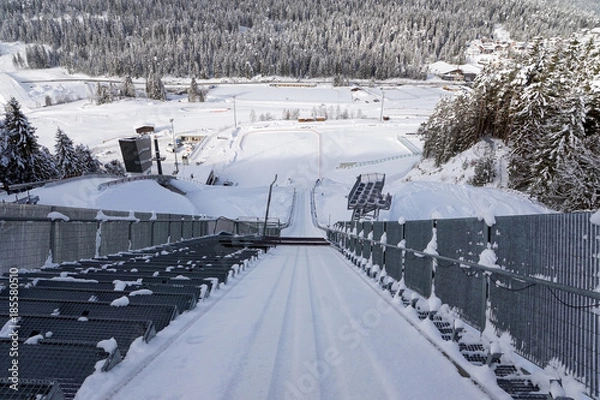 Obraz Ski jumping hill in Seefeld, Austria. View from the point of departure to the landing area.