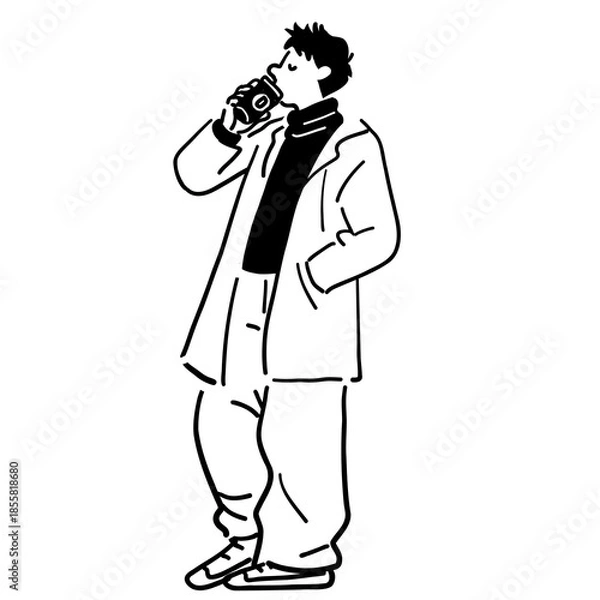 Fototapeta Man drinking coffee Line art Vector