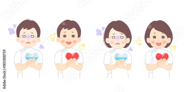 Obraz 心の疲れ、ストレスに苦しむ看護師（男性・女性）のビフォーアフターのイメージイラスト