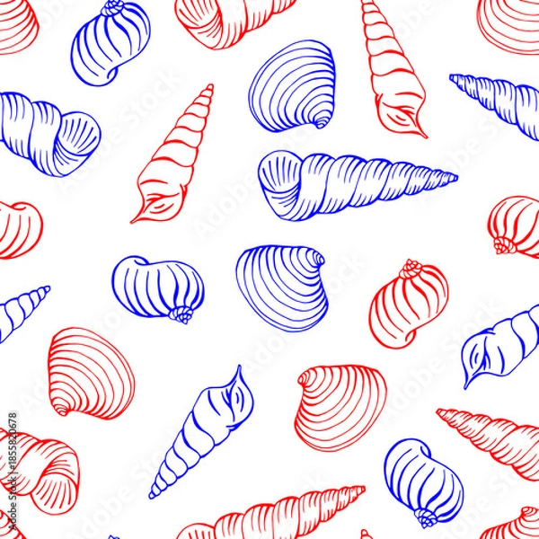 Obraz Seamless pattern with seashells. Hand drawn vector illustration.