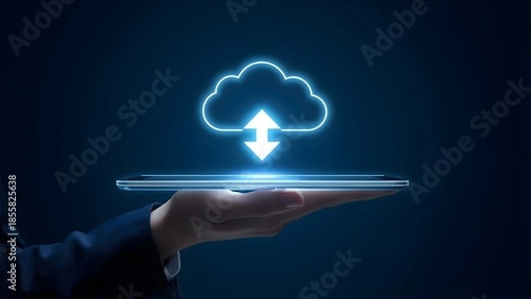 Obraz Hand Holding Tablet with Glowing Cloud Icon Showing Cloud Computing and Data Exchange Concept