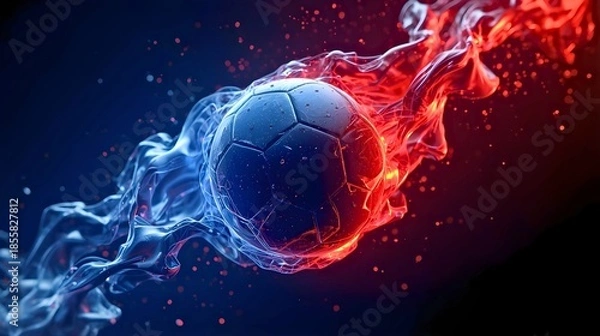 Fototapeta 青と赤の炎に包まれたサッカーボール｜対戦、対決、VSカード