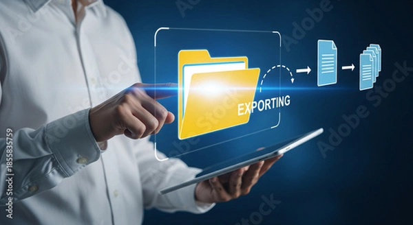 Obraz Digital data export process visualized on a tablet screen, showcasing efficient file management and secure information transfer for modern business technology solutions