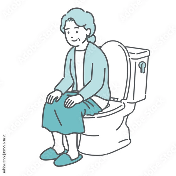 Obraz トイレに座ってリラックスしている高齢女性のイラスト（快便・排泄・介護）