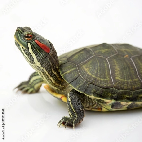 Obraz Red-eared slider turtle crawling slowly on a solid white background