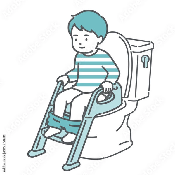 Obraz 補助便座とステップを使ってトイレトレーニングをする男の子のイラスト（トイトレ・成功）