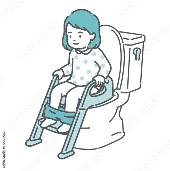 Obraz 補助便座とステップを使ってトイレトレーニングをする女の子のイラスト（トイトレ・成功）