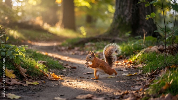 Obraz A squirrel darts across her path at dawn