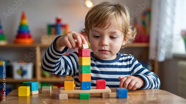 Obraz Child stacks blocks on wobbly table
