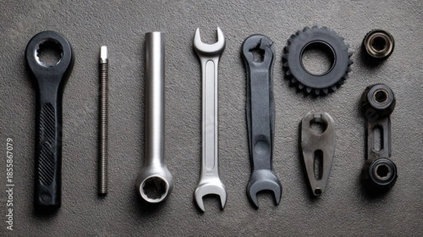 Obraz Array of tools including wrenches, bearings, and gears, on a textured gray surface