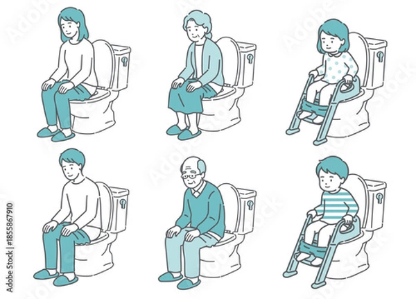 Obraz トイレに座る人々のイラストセット（全世代・男女・子供・快便・リラックス）