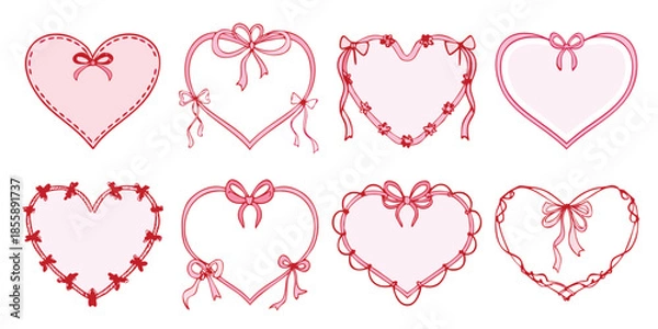 Obraz Heart frame border in pink coquette style with cute doodle ribbon and bow. Whimsical design for love, romance and valentines day or wedding. Vector template for gift box, party invitation card
