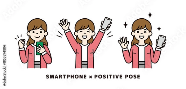 Obraz スマートフォンを持つ女性・OLのベクターイラスト素材＿ポジティブなポーズセット＿カラー