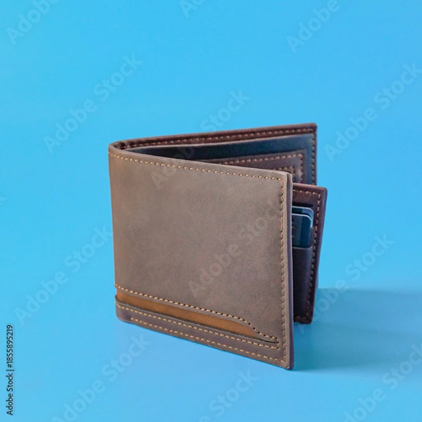 Obraz A brown leather wallet on color background.