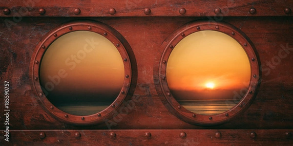 Fototapeta Ship portholes metal background, Calm sea at sunset out of the windows. 3d illustration