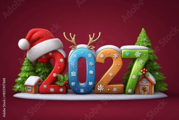 Obraz Festive 2027 Christmas numbers with holiday decorations, colorful winter illustration featuring snow, trees and ornaments for seasonal celebration designs

