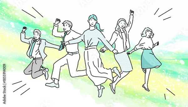 Obraz スタートアップのイメージイラストージャンプするビジネスパーソンーカジュアル服ー抽象的背景イラスト素材