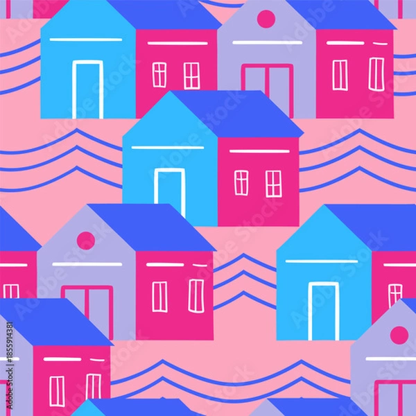 Obraz Pink and blue houses vector seamless pattern