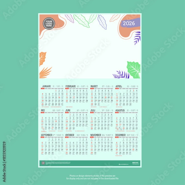 Fototapeta Indonesia Calendar 2026 Template with Javanese Calendar, Modern Clean Design, Print Ready Layout