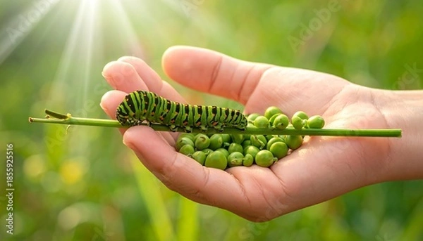 Obraz Close-up of a hand gently holding a green caterpillar on a stem with fresh peas against blurred green foliage