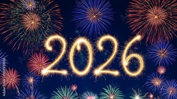 Obraz 2026 New Year Celebration with Sparkling Fireworks in the Night Sky