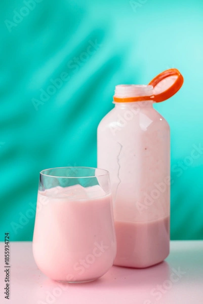 Fototapeta Pink smoothie, vitamin drink, or yogurt on a colorful background.