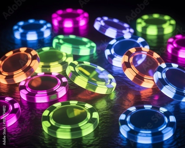 Obraz Colorful poker chips in various neon hues on a dark surface