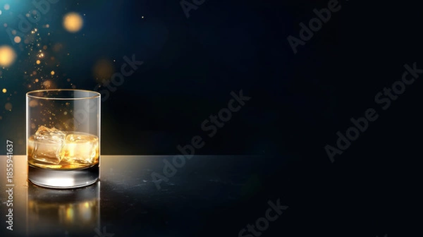 Fototapeta Whiskey glass ice cube dark background amber liquid reflection low light
